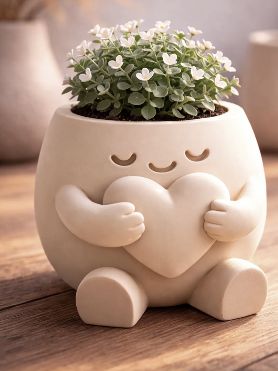 Heart Hug character planter in warm cream