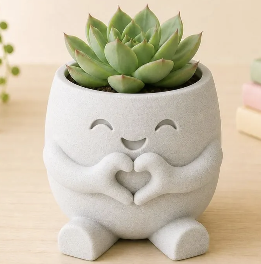 Heart to Heart character planter in pale stone grey