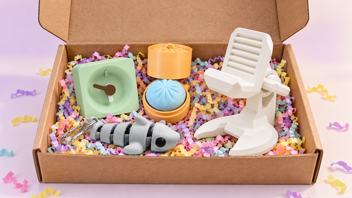 Open kraft box with a Jigzy Desk Clock, Dumpling Clicker, Flexi Shark Charm and U Adjustable Phone Stand